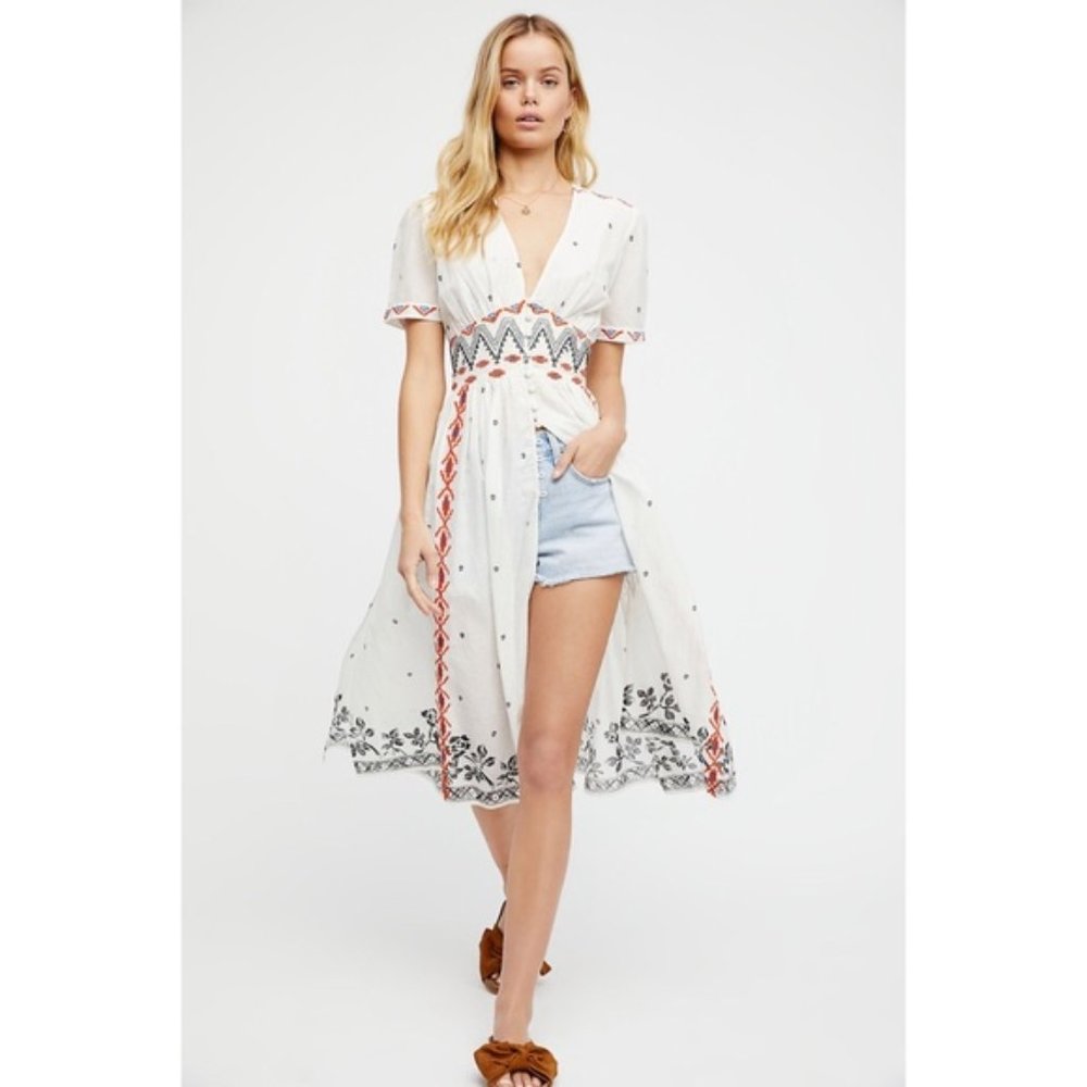 Free People Real Romance Embroidered White Short Sleeve Top Tunic Dress Small